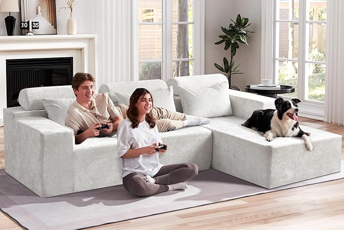 Homguava Modular Sectional Couches for Living Room,105" Cloud Couch with L-Shape Chaise,Comfy Sofa Living Room Couch with Deep Seat,No Assembly L Couch,Luxury Distressed Velvet(Begie,R)