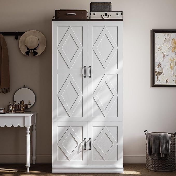 ANCTOR Wardrobe Closet with Doors, 71" H Tall Wooden Closet with 5 Clothing Shelves, Hanging Rod for Clothes, Bedroom Freestanding Armoire Storage Cabinet, Stand Alone Clothing Unit, White