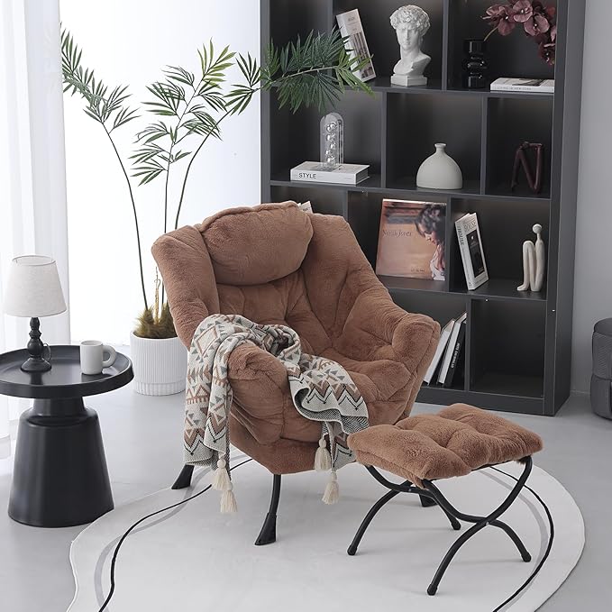 MBOOYOME Lazy Chair with Ottoman, Modern Accent Lounge Armchair with Side Pocket & Foldable Footstool, Leisure Reading Chair for Living Room, Bedroom, Dorm & Office, Plush Brown