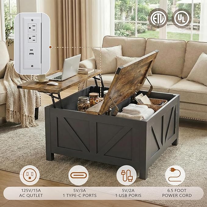 35” Farmhouse Coffee Table with Large Storage, Rustic Wood Lift Top Coffee Table for Living Room, Square Center Table with Charging Station&USB, Modern Port Pottery Barn Lift top Table