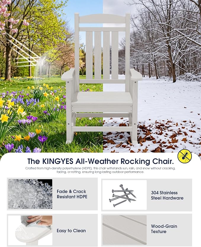 KINGYES Oversized HDPE Patio Rocking Chair Set, Outdoor Rocking Chairs Porch Rocker for Adults, White - Image 5