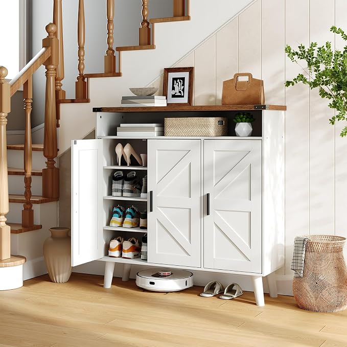 HOOBRO Shoe Cabinet Storage for Entryway, Wooden Shoe Organizer Cabinet With 3 Doors, 39.4" Freestanding Shoe Cabinet Storage for Closet, Entryway, Large Capacity, Farmhouse, White and Walnut WH20SC01 by HOOBRO