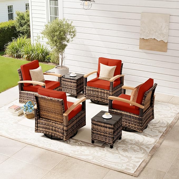 MEISSALIVVE 6 Pieces Patio Furniture Sets, Wicker Patio Conversation Sets with 4 Wood Armrests Swivel Glide Chairs，Outdoor Conversation Set for Deck Yard and Poolside (Red)