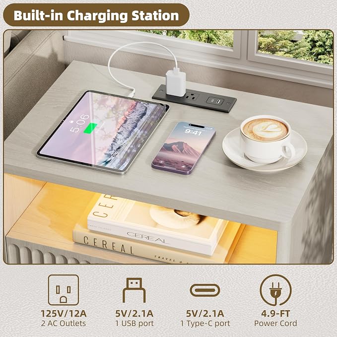 PAPROOS 23'' Fluted Nightstand Set of 2 with Charging Station, Modern Bedside Table with Motion Sensor LED Light, 2-Drawer Storage Cabinet for Bedroom & Home Office (2 pc Beige Gray) - Image 7