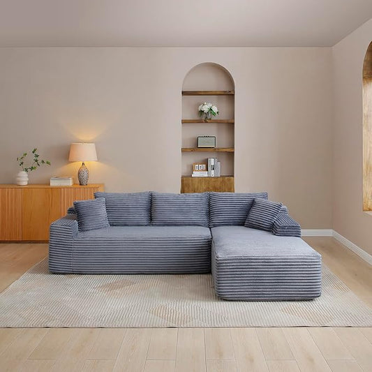 105-Inch L-Shaped Right Facing Corner Compressed Sofa Modular Sectional Boneless Cloud Sofa Floor Foam Couch with Chaise Lounge, Corduroy Corner Boneless Cloud Couch