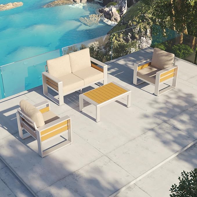 Aoxun Aluminum Patio Furniture Set, 4 Seats Luxury Metal Patio Conversation Sets with Coffee Table, Thick Cushions and Waterproof Cover, Sectional Outdoor Furniture Set for Backyard/Poolside, Beige