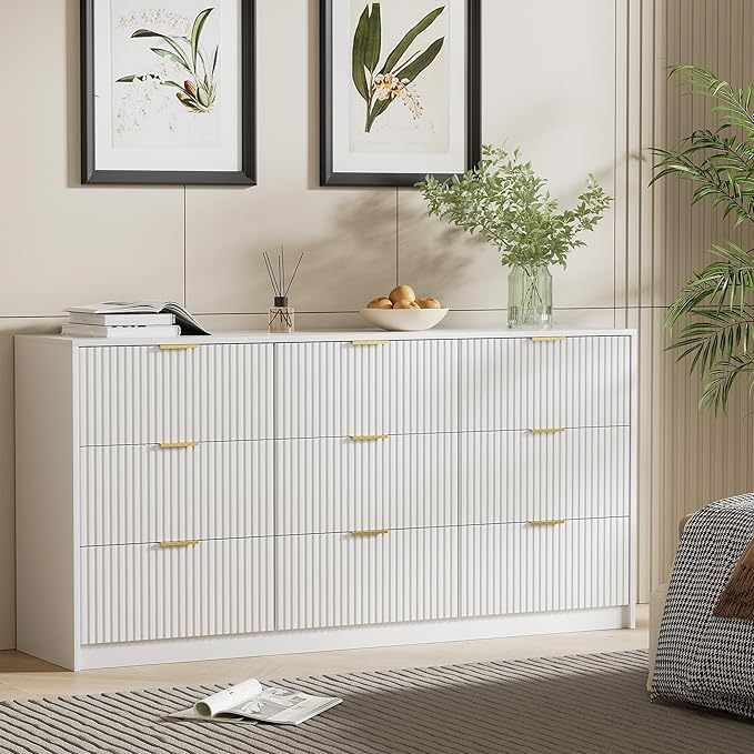 Furniway White Dresser Bedroom Set 3 Pieces, Nightstands Sets of 2, 9 Drawer Dresser with Gold Handles for Bedroom