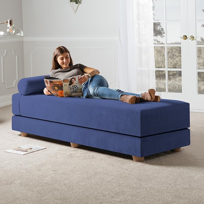 Jaxx Alon Daybed - Fold-Out Sleeper Chaise with Premium Memory Foam Queen-Size Mattress - Made in The USA, Navy