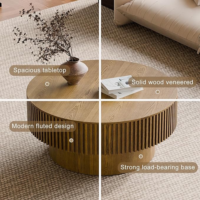 Round Coffee Table with Storage, Modern Wooden Coffee Table with Solid Wood Veneered, Circle Center Table Accent Tea Table for Living Room Apartment Small Space (31.5''L × 31.5''W × 14''H, Brown)