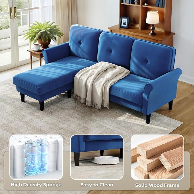 Sectional Couches for Living Room, 83" Velvet Modern 3 Seater Sofa, L Shaped Couch with Ottoman, Small Sectional Couch Sofas for Living Room, Bedroom, Apartment, Office, Blue Sofa