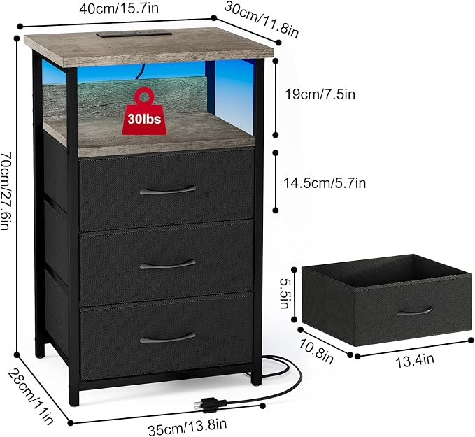 Fixwal Night Stand with Charging Station, LED Nightstand with Fabric Drawers, End Table with PU Finish, Bed Side Table, French Oak - Image 3