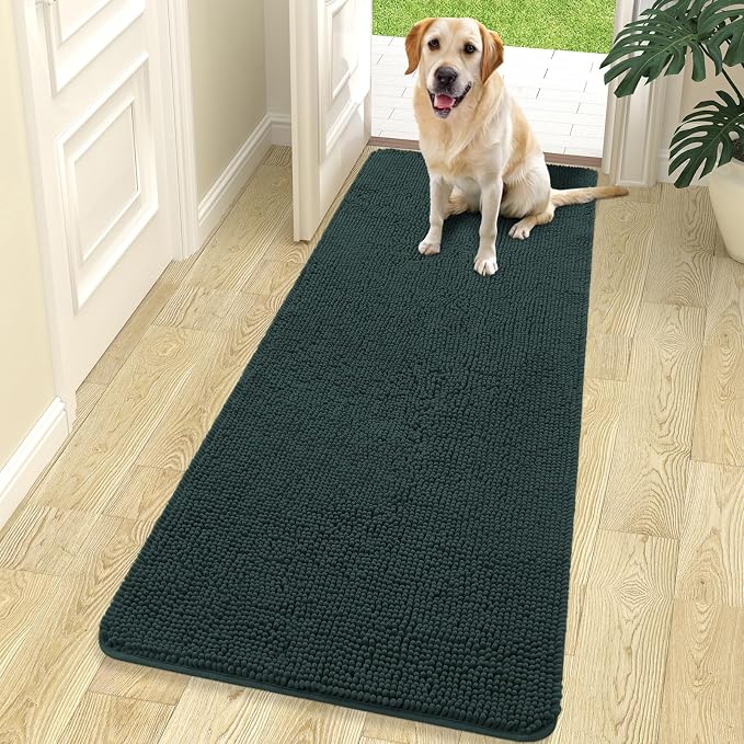 OLANLY Dog Door Mat for Muddy Paws 70x24, Absorbs Moisture and Dirt, Absorbent Non-Slip Washable Doormat, Quick Dry Chenille Mud Mat, Entry Indoor Entryway Carpet for Inside Floor, Blackish Green by OLANLY
