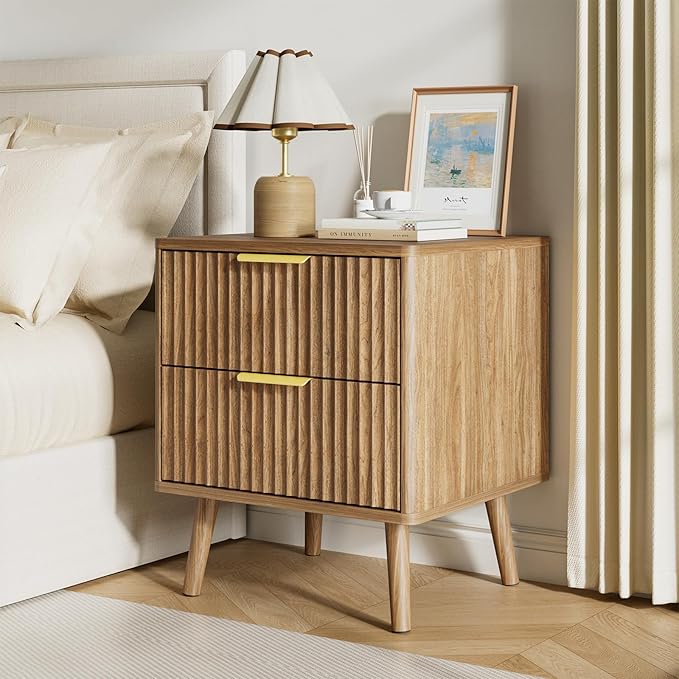 LYNSOM Fluted Dresser and Nightstand Set, 3 Pieces Bedroom Set, 55 Inch Wide 7-Drawer Dresser & 2-Drawer Nightstands Set of 2, Walnut Dressers Set for Bedroom, Hallway