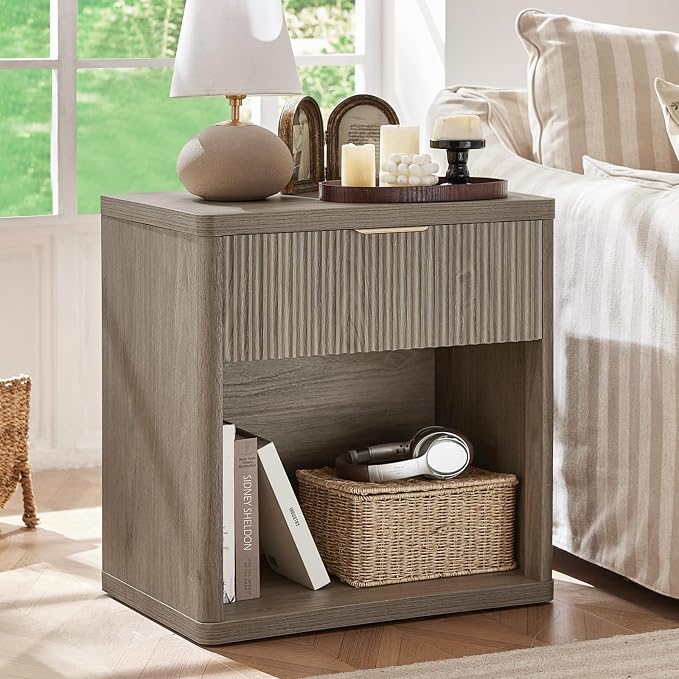 LEYAOYAO Fluted Farmhouse Nightstand Set of 2 with Charging Station, 23" Wide 1 Drawers End Table,Grey Dresser for Bedroom,Bed Side Table Chest of Drawers Cabinet,Wood Night Stand for Living Room - Image 2