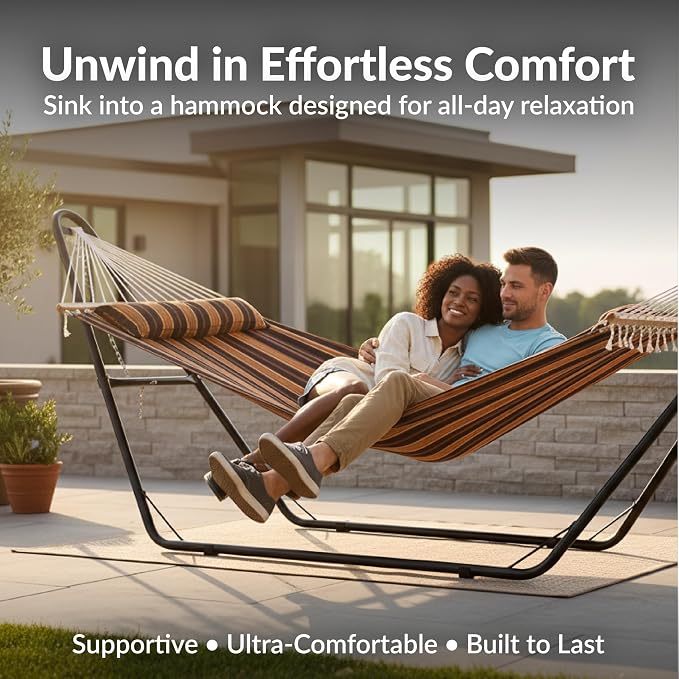 Sunnydaze Double Quilted Fabric Hammock with Universal Steel Stand - 440-Pound Capacity - Black Stand - Woodland Stripe - Image 2