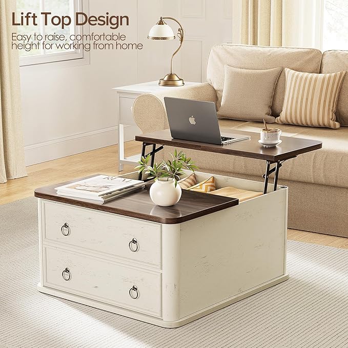 31.5" Lift Top Coffee Table with Storage,Square Coffee Tables with Lifting top for Living Room,Farmhouse Coffee Table with Storage Drawers and Large Hidden Compartment,Rustic White+Walnut