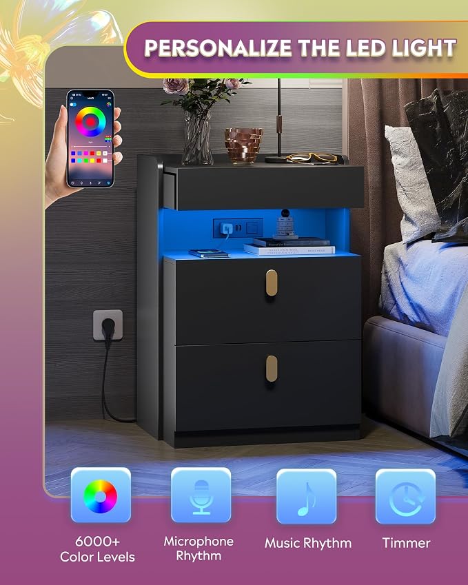 WLIVE Black LED Nighstand Set of 2 with Charging Station, Night Stands Sets with Sliding Top, Bedside Tables with Drawers, End Table for Bedroom, Living Room, Black - Image 4