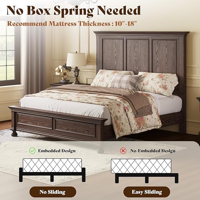 AMERLIFE Solid Wood 3 Piece Bedroom Set Including 65.2" High Queen Bed Frame, Fully Assembled Nightstands Set of 2 with 2 Storage Drawers for Bedroom, Dark Brown