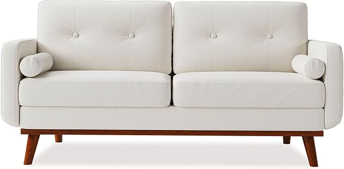 Garvee 65 in Mid Century Modern Loveseat Sofa for Small Spaces, 2 Seater Linen Upholstered Couch with Button Tufted Design & Wood Legs, Small Couch for Living Room, Bedroom, Office, Apartment, Beige