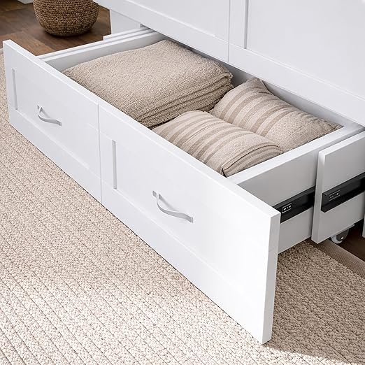 AFI, Chelsea Mid-Century Modern Full Wood Murphy Bed Chest with 6" Mattress, Storage Drawer & Built-in USB Charger, White