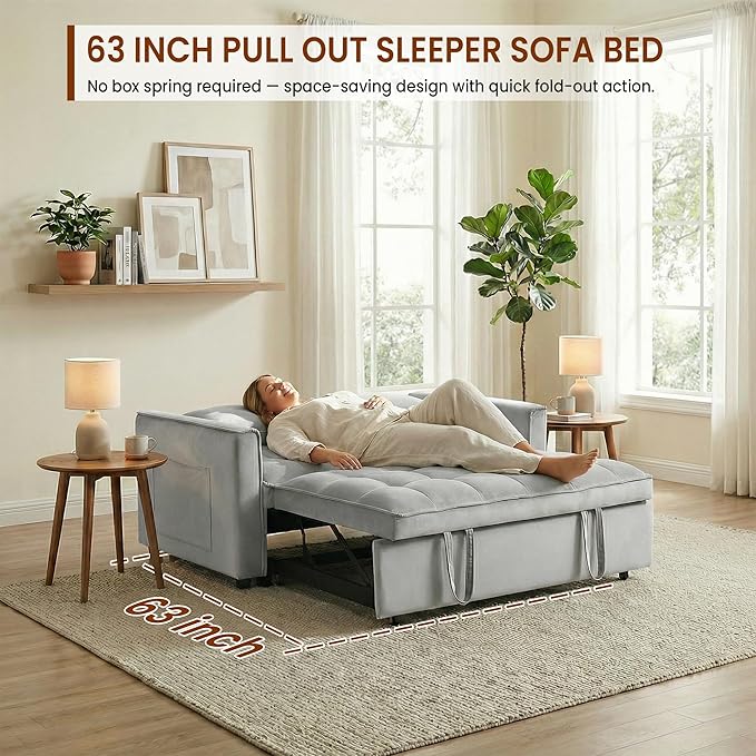 63" Sleeper Sofa with Pull-Out Bed, 3-in-1Folding Convertible Loveseat Sofa Bed with Side Pockets, Adjustable Backrest, Premium Velvet Fabric Futon Couches for Living Room