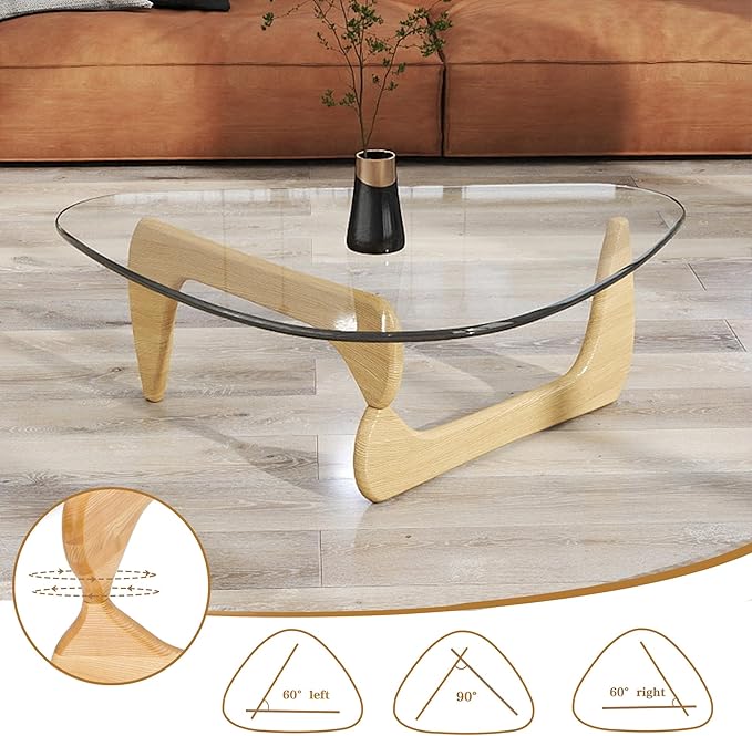 Glass Coffee Table, Mid Century Modern Light Wood Coffee Table with Tempered Glass Top and Wood Legs, Farmhouse Living Room Center Tables for Small Space, Easy Assembly