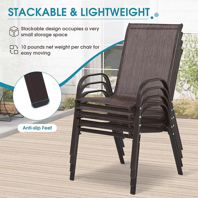 Wider Outdoor Stackable Chairs Set of 4, Stacking Patio Chairs with Textilene Fabric, Outside Furniture for Garden Backyard Balconie Poolside Deck, Brown - Image 5