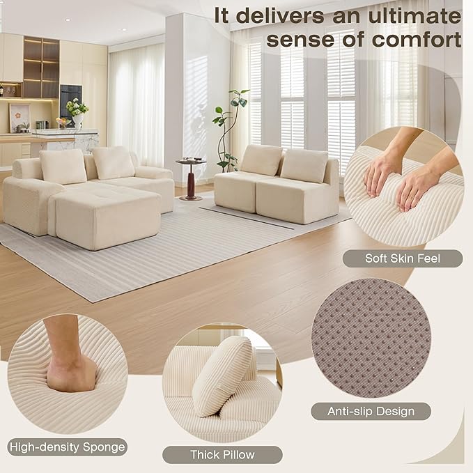 Modular Sectional Sofa, Boneless Couches for Living Room, Corduroy Couch, Big Comfy Couch, Modular Cloud Sofa with Deep Seat (White, 5 Pieces-Side Shape)