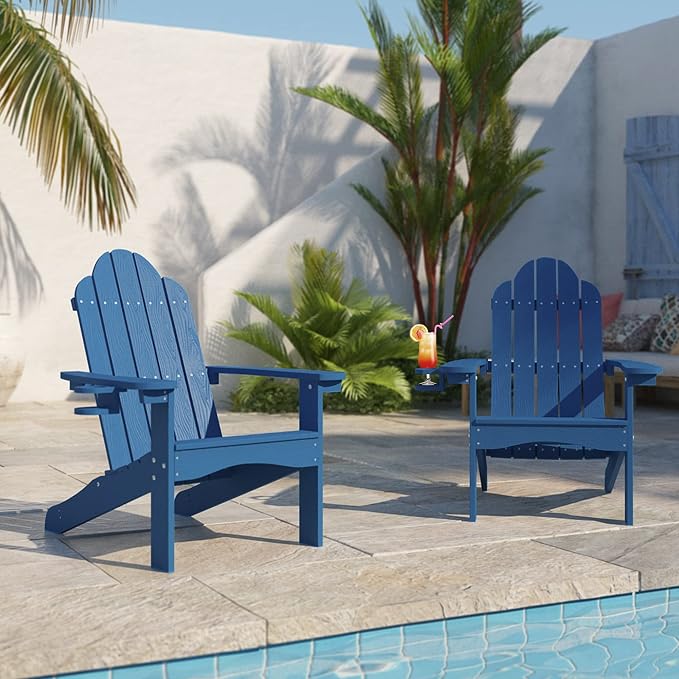 LUE BONA HDPS Adirondack Chairs, 1 Chair, Long-Lasting All-Season Outdoor Patio, Hidden Cup Holder, 350 LBS, Navy Blue - Image 2