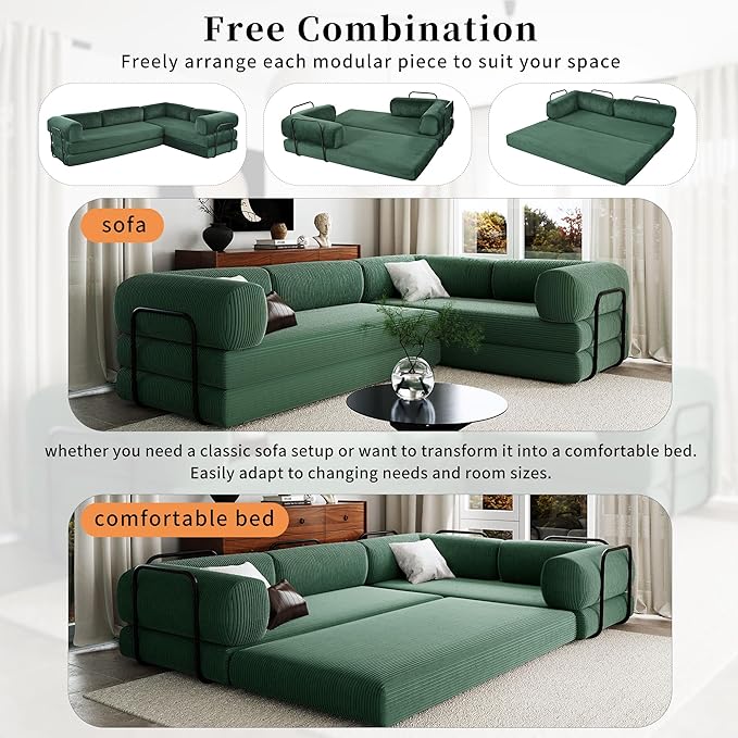 Merax L-Shaped Modular Sofa Bed in Corduroy Fabric, Convertible Sleeper Sofa Bed, 4 Seat Floor Couch for Living Rooms and Apartments, No Assembly Required, Green