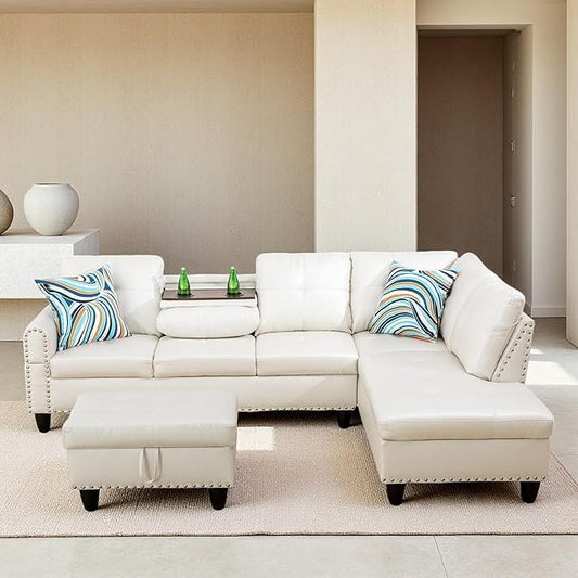 Sectional Couches for Living Room, Convertible 4 Seat Modular Sectional Sofa Set for Living Room, L Shaped Couch or U Shaped Couch with Storage Ottoman for Apartment, Leather White
