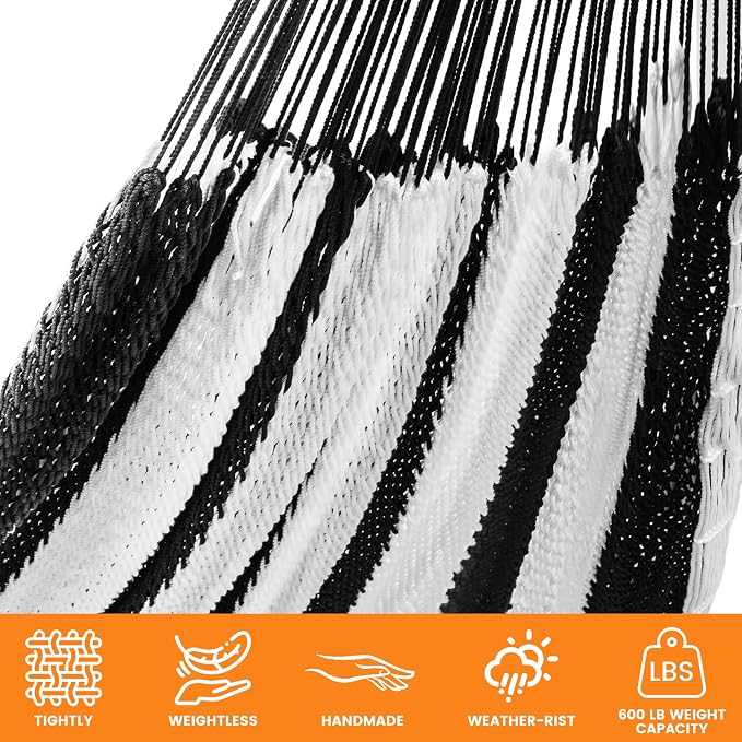 Lazy Daze Hammocks Handwoven Mayan Hammock, 10.5 FT Soft Rope Double Hammocks, Portable Outdoor Hammock with Carry Bag, 2 Straps & Carabiners for Patio Outside, 550 lbs Weight Capacity, Black/White - Image 4