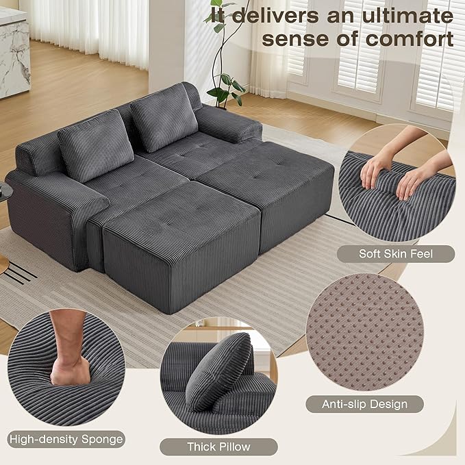 Boneless Couches for Living Room, Corduroy Couch, Modular Sectional Sofa, Big Comfy Couch, Modular Cloud Sofa with Deep Seat, Sofabed (Grey, 4 Pieces-Bedshape)