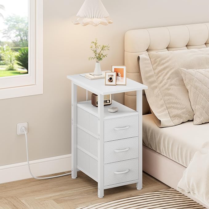 Vagusicc Set of 2 White Night Stand with Charging Station, Narrow Nightstand with U-S-B Ports and Outlets, Small Night Stand 3 Fabric Storage Drawers, Small Bedside Table - Image 6