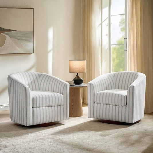 HULALA HOME Modern Swivel Accent Chairs Set of 2 with Solid Wood Base, Round Swivel Barrel Chairs with Striped Pattern, No Assembly Required, Blue