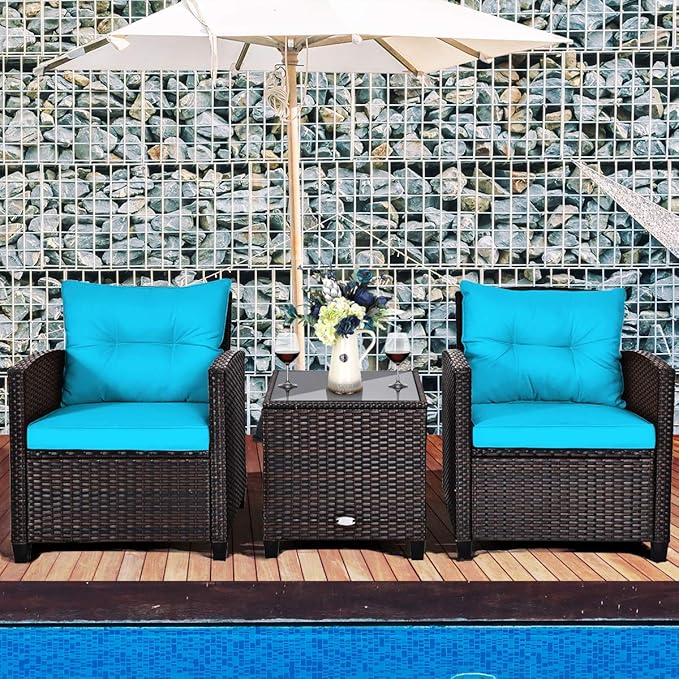 RELAX4LIFE 3 Piece Patio Furniture Set, Wicker Bistro Conversation Set w/ 2 Cushioned Armchairs & Glass Topped Table, Outdoor Rattan Sofa for Porch Balcony Poolside (Turquoise)