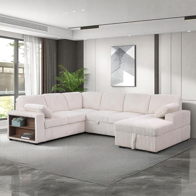 118 inch Oversized U Shaped Sectional Sleeper Sofa with Pull Out Couch Bed , Plush Corduroy Convertible Pullout Sofabed with Storage Chaise & Shelves,6 Seater Corner Couches for Living Room Office