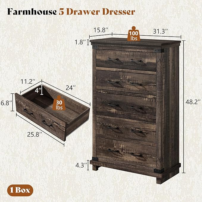 AMERLIFE 5 Pieces Farmhouse Bedroom Set, Includes Rustic King Bed Frame with 54" Tall Headboard, 6 Drawer Dresser, 5 Drawer Tall Chest, Nightstands Set of 2 with Charging Station, Black Oak