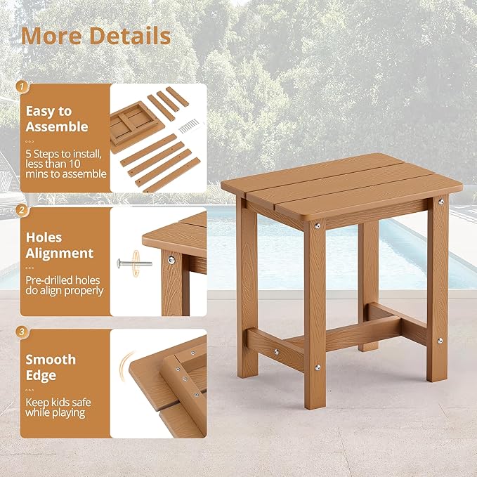 LUE BONA Outdoor Side Table, HDPS Small Outdoor Table, Adirondack Side Table, Outside End Table for Patio, Porch, Deck, Weather Resistant/Easy Maintenance/Indoor or Outside Use, Teak Color - Image 7