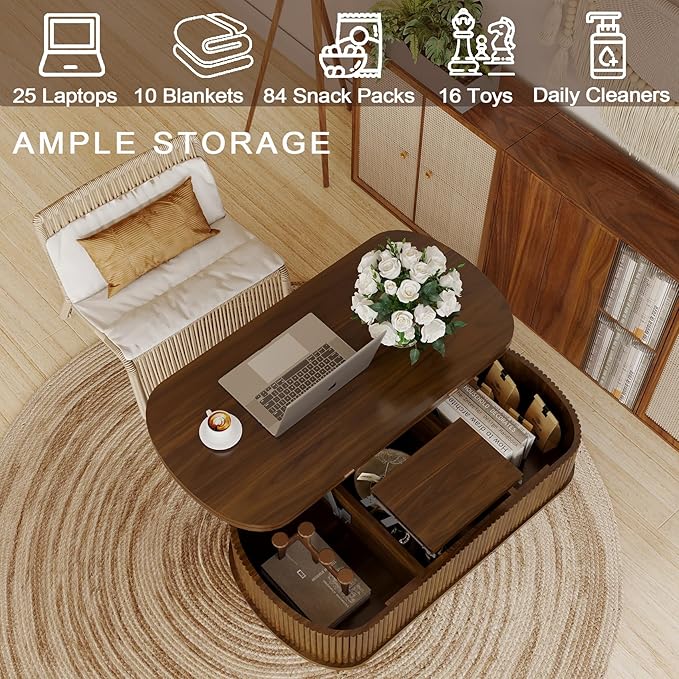 Lift Top Coffee Table with Large Storage,Lifting Converts to Dining Table,Oval Pop Up Coffee Table Fluted Wood Center Table for Living Room,Fully Assembled Space-Saving for Eating&Laptops