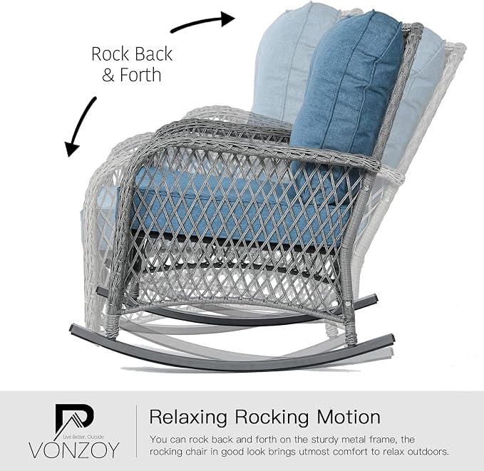Patio Furniture Set 3 Pieces, Wicker Rocking Bistro Set with Thick Cushions, Outdoor Rocker Chairs and Coffee Table for Porch, Backyard or Garden (Blue) - Image 3