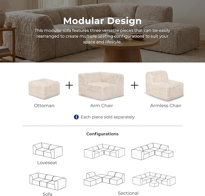 Furniture of America Havyn Modern Faux Fur 6-Seater Modular Foam Sofa Bed with Ottoman, Compressed Couch in a Box, No Assembly Required, for Living Room and Office, Olive Green