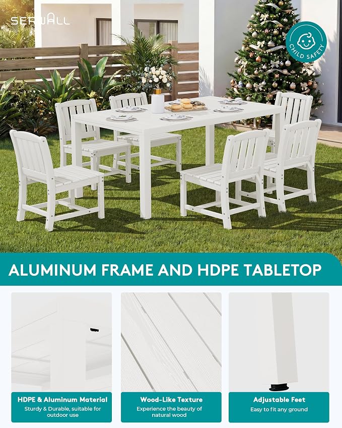 SERWALL 10-Piece Patio Dining Sets with 15FT Patio Umbrella, 60" - 83" Expandable Outdoor Dining Table and 8 HDPE Chairs, All Weather HDPE Outdoor Furniture Set, White (Umbreall Base not Included) - Image 3
