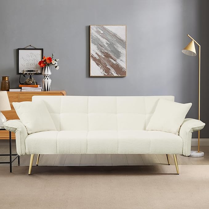 70 inch Upholstered Teddy Fleece Sofabed with Adjustable Arms and Backrest,Modern Convertible Futon Couch W/Metal Legs & Pillows,Love Sofa for Living Room,Bedroom,Apartment,Beige, 70"