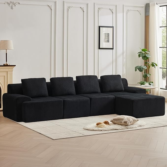 Modular Sectional Sofa with Movable Ottoman, 4 Seat Deep Seat Couch with 4 Pillows, Comfy Cloud Sectional Sofa for Living Room, Bedroom and Apartment (Black, 2 Left+2 Right+1 Ottoman)