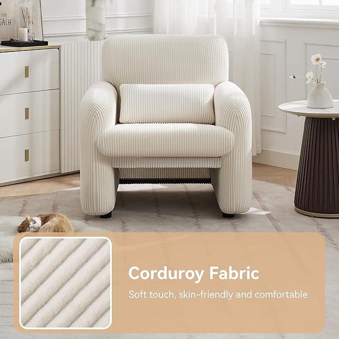 WUTUTUEE Corduroy Fabric Accent Chairs Set of 2, Modern Upholstered Living Room Chairs with Lumbar Pillow, Wide Comfy Leisure Armchair for Bedroom, Office, Reading, White