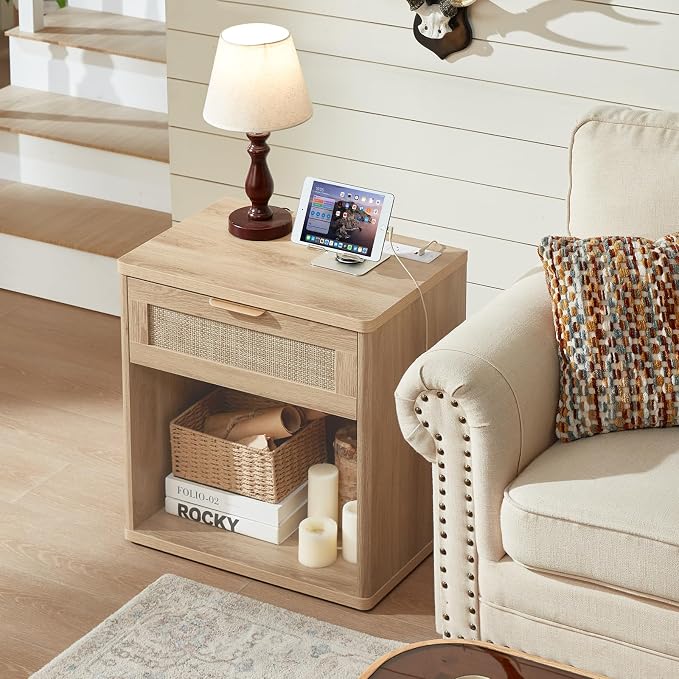 LEYAOYAO Rattan Nightstand with Charging Station, Natural Wood Night Stand with Drawer, 23" Wide Boho Bedside Table with Storage Shelf, Bed Side End Tables for Bedroom, Living Room, Hallway - Image 7