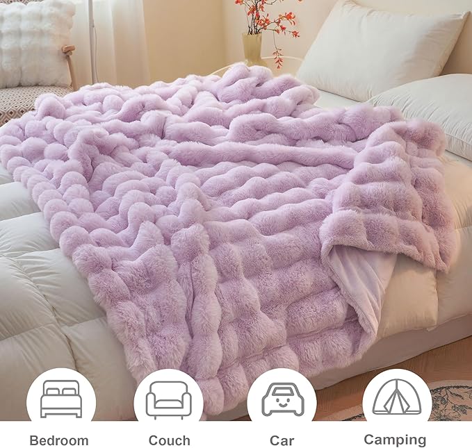LIFEREVO Fluffy Faux Rabbit Fur Bubble Throw, Plush Shaggy Blanket for Couch Sofa Chair, Soft Cute Furry Light Purple Blanket Adult Kids Girls, Fuzzy Lap Throw for Bedroom Living Room, 50x60, Lavender