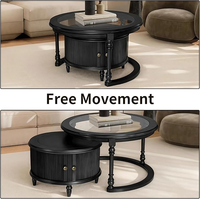 31.5'' Glass Top Round Coffee Table with Storage, Solid Wood and MDF Fluted Coffee Table Set of 2 for Living Room Office, Black