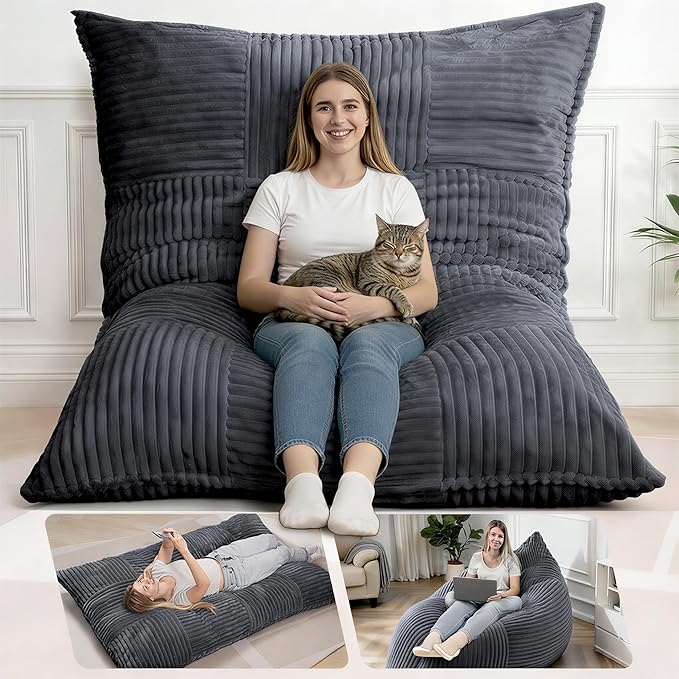 HOMRELEXA Giant Bean Bag Chair, 3-in-1 Convertible Bean Bag Floor Cushion with Washable Cover,Beanbag Chairs for Adult, Living Room, Bedroom, Grey